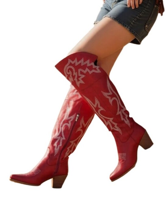 mefit Shoes - Women's Red Western  Thigh-High Boots with Embroidered Design Sz 10.5 Nwt